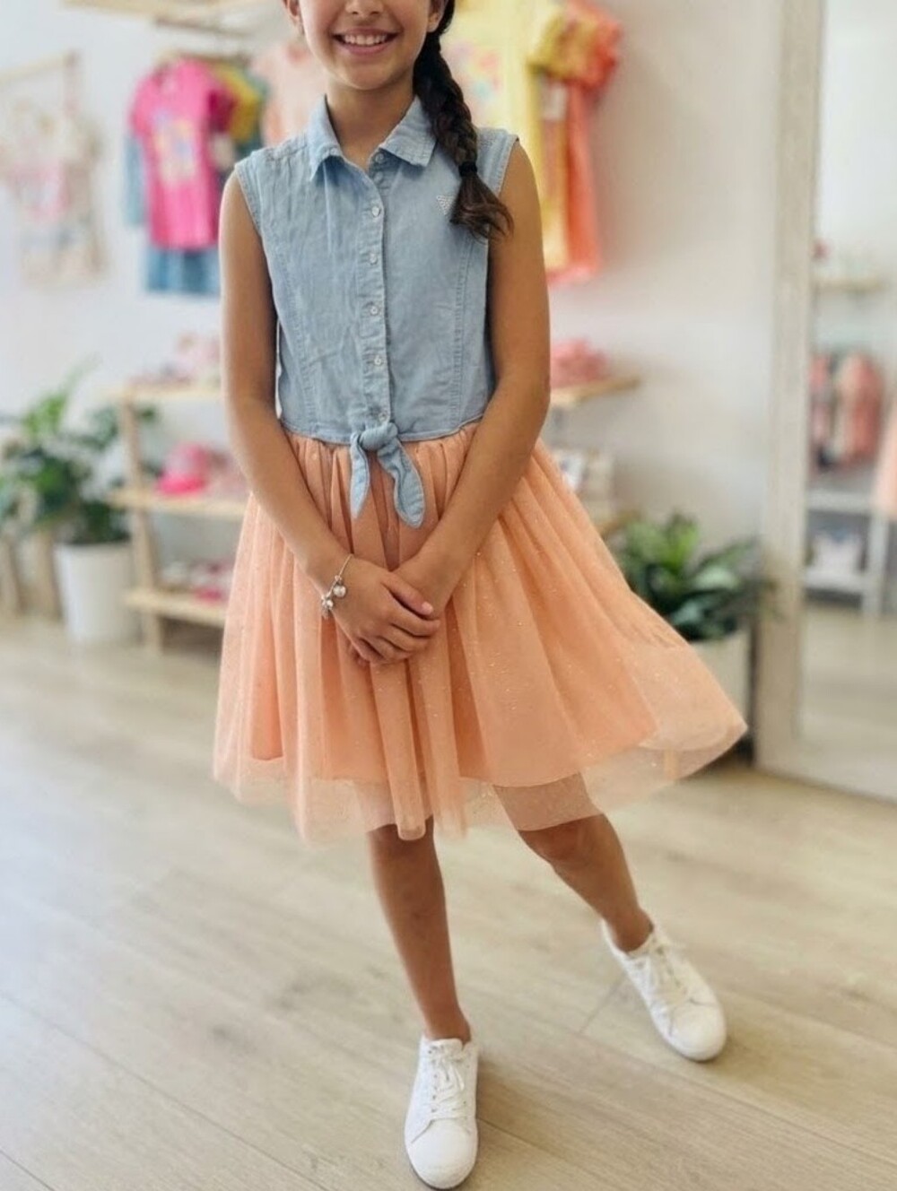 Guess Kids Flowy Casual Girls Denim & Peach Tulle Dress Sparkle Party Sz 10-12